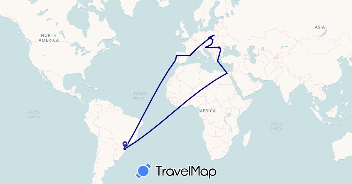 TravelMap itinerary: driving in Brazil, Egypt, Spain, Greece, Croatia, Hungary, Poland, Portugal, Romania, Slovenia (Africa, Europe, South America)